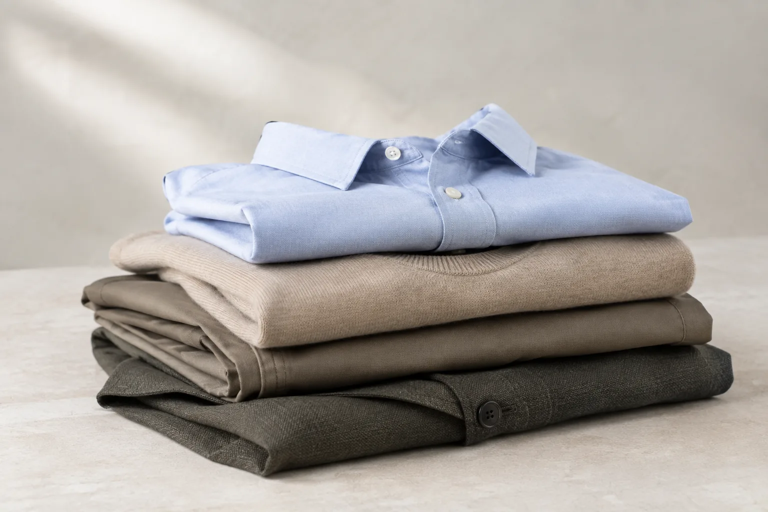 Gestapelde herenkleding in grote maat: overhemd, trui, broek en jasje in beige en grijs.
