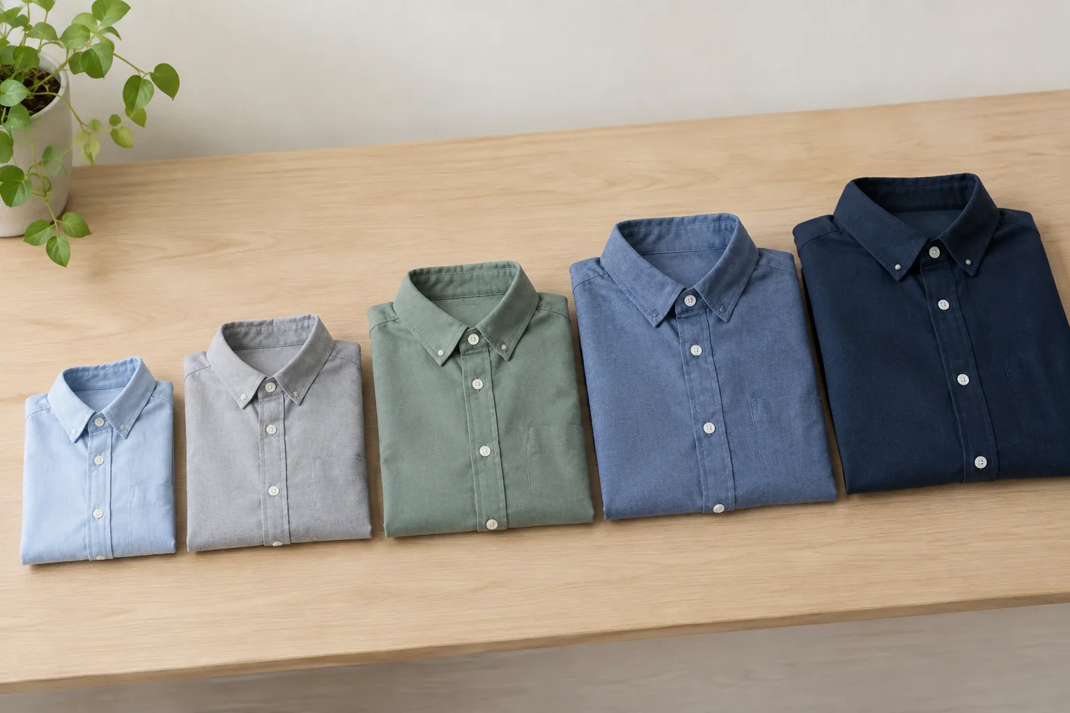 Rij gevouwen shirts in toenemende maten op houten tafel.