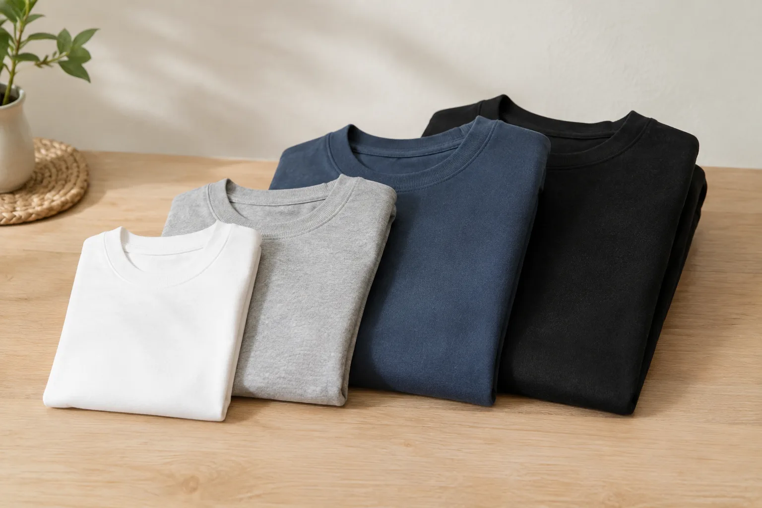 Vier herenshirts in oplopende maten, van S tot XL, zachtjes op elkaar gestapeld.