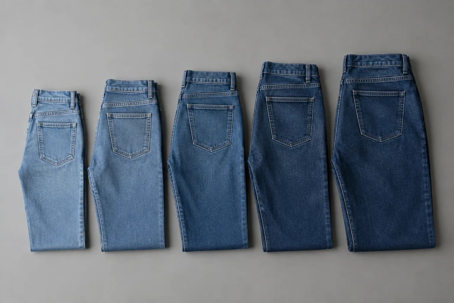 Rij jeans in verschillende maten, van smal naar breed, op grijze ondergrond.
