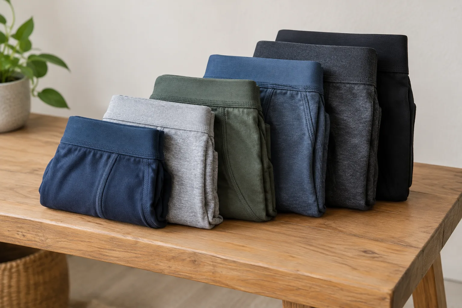 Een stapel netjes gevouwen herenbrocken in verschillende kleuren en materialen