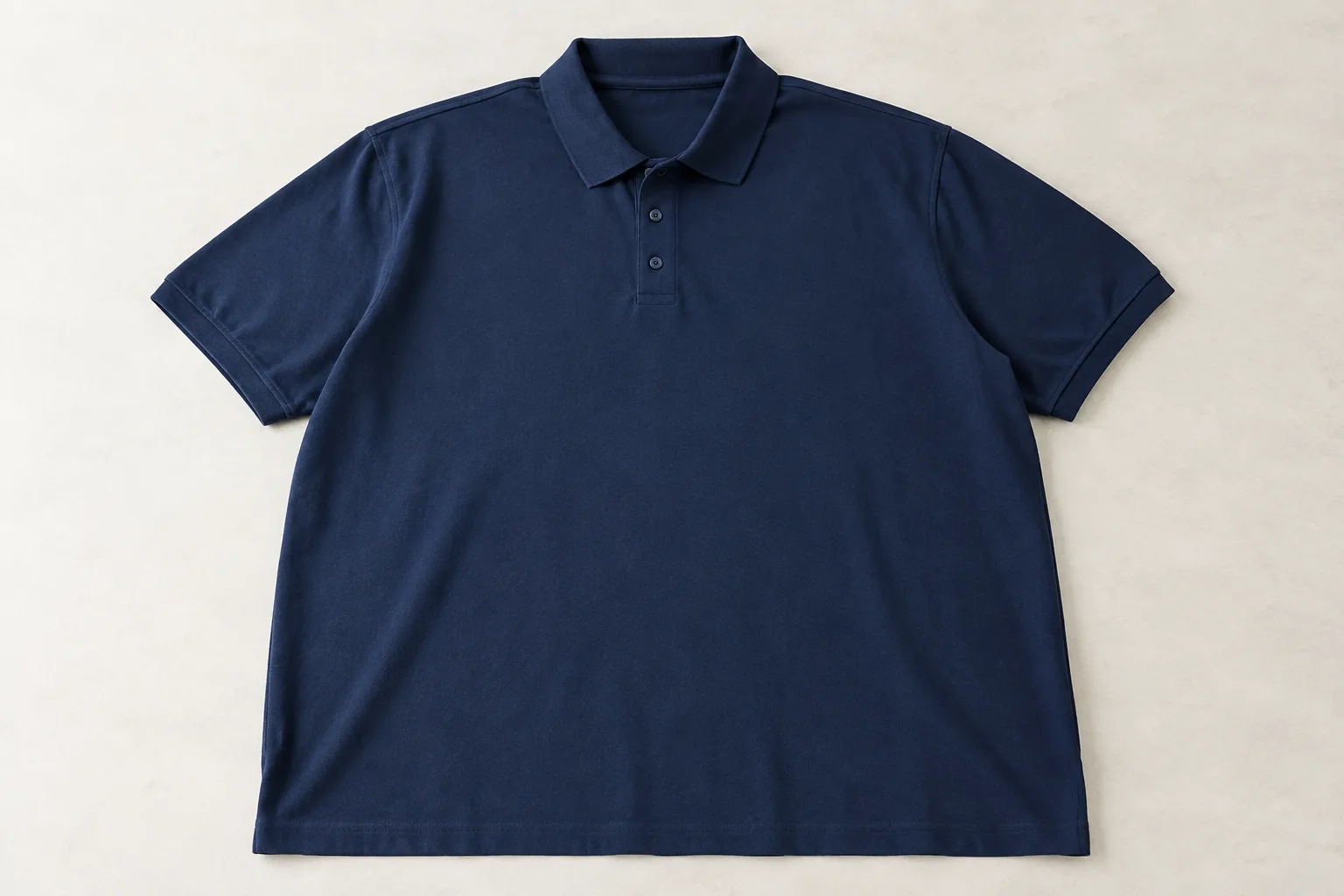 Poloshirt in grote maat, uitgelegd op lichte ondergrond.