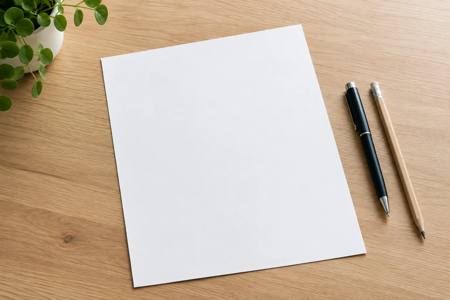 Een lege witte pagina met een pen en potlood ernaast op een minimalistisch houten bureau.