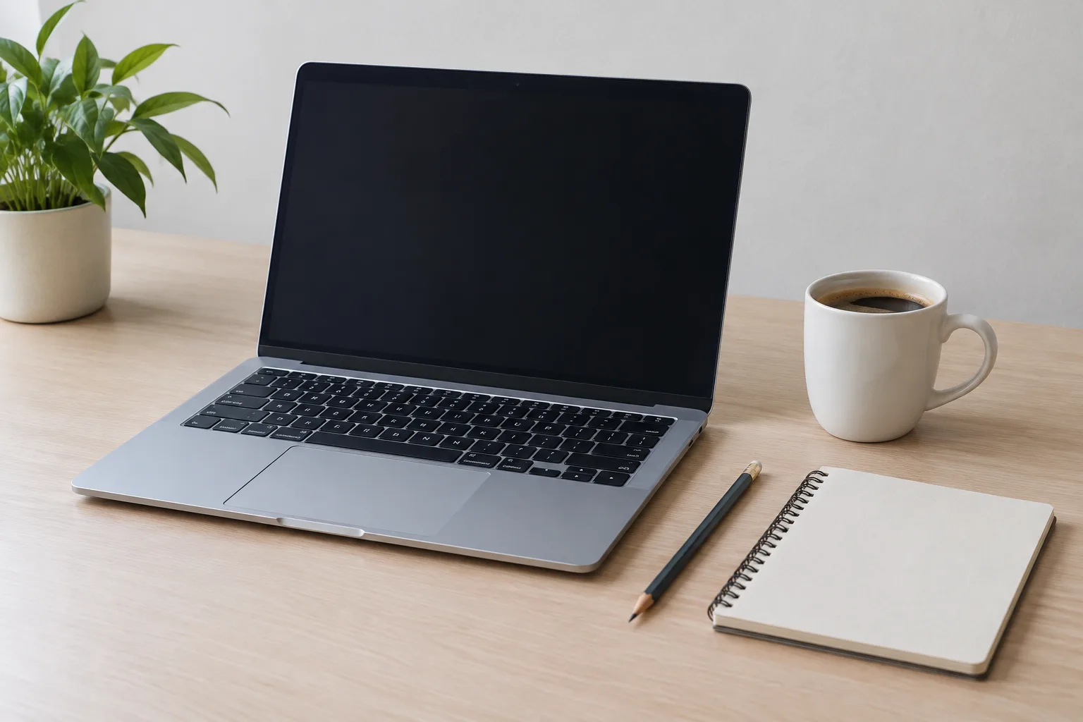 Een open laptop met daarnaast een potlood, notitieboekje en een kop koffie op een minimalistisch bureau.